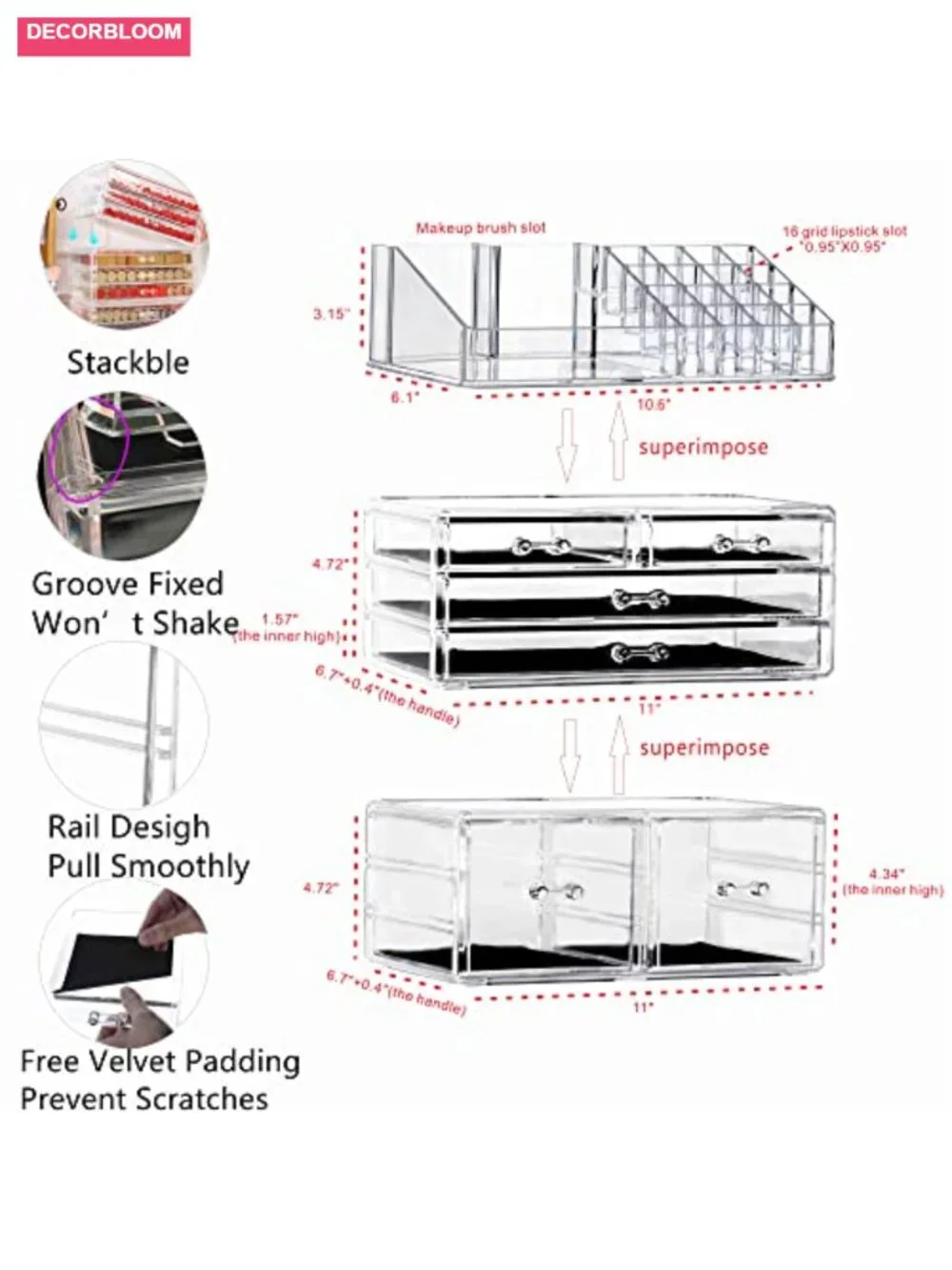 3 Pack Stackable 6-Drawer Acrylic Makeup Organizer for Vanity, Bathroom, Desk